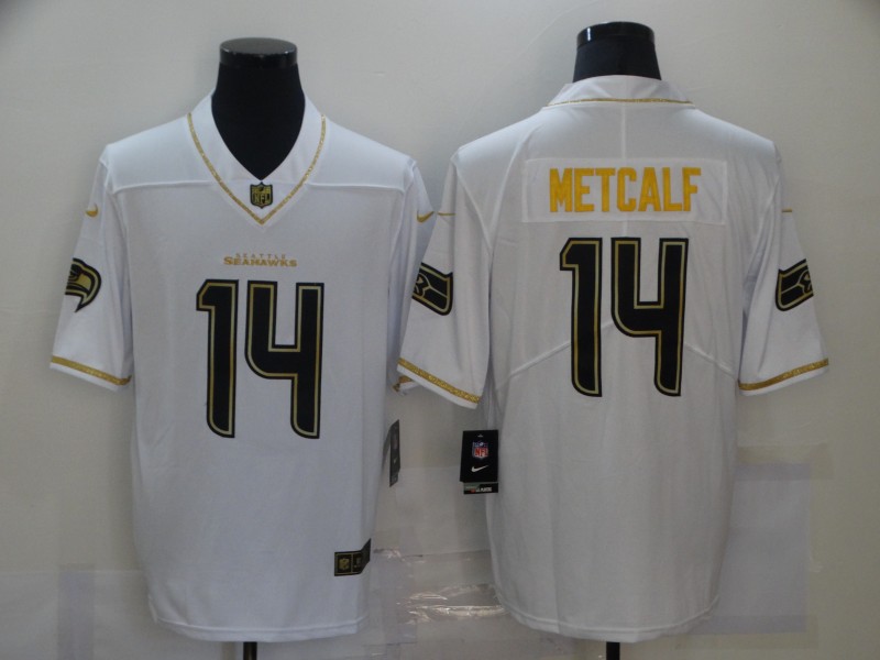 Men's Seattle Seahawks #14 D.K. Metcalf White Golden Stitched Jersey